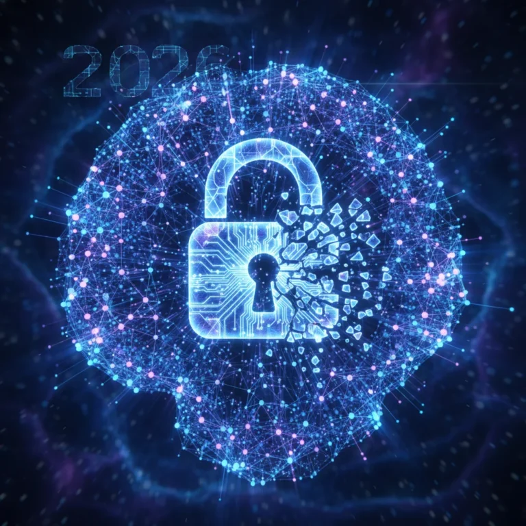 Quantum computing impact on data encryption by 2026, showing qubits and a breaking lock