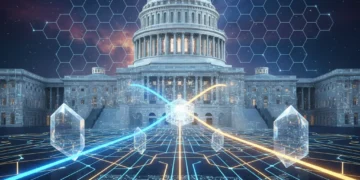 Quantum entanglement securing digital data for US national security, futuristic cyber defense.