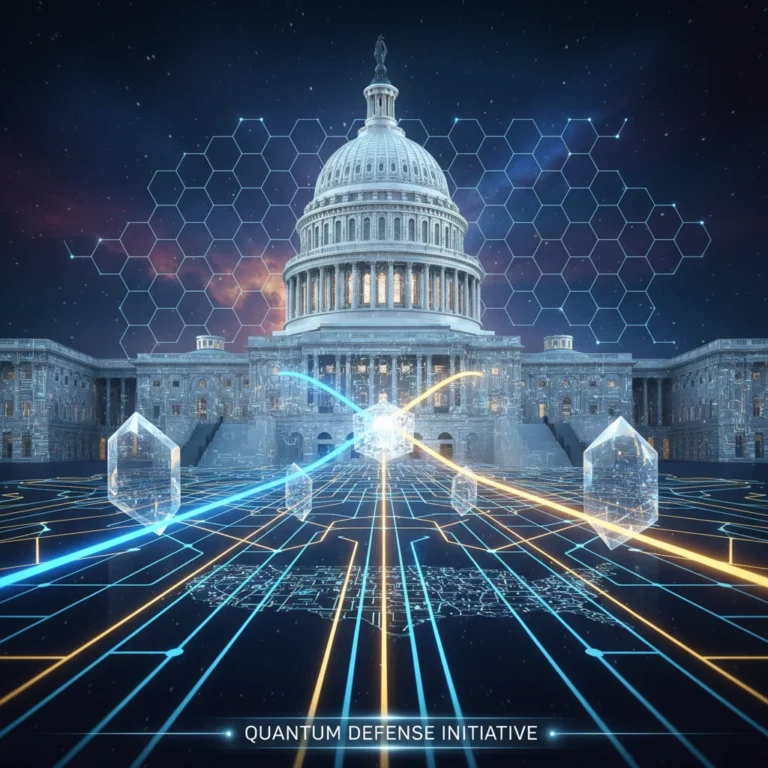 Quantum entanglement securing digital data for US national security, futuristic cyber defense.