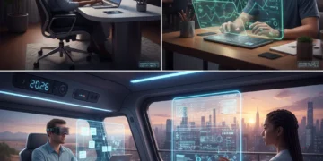 Diverse remote workers collaborating efficiently with productivity apps on futuristic devices, representing the future of work.