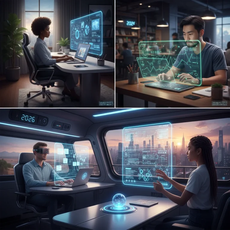 Diverse remote workers collaborating efficiently with productivity apps on futuristic devices, representing the future of work.