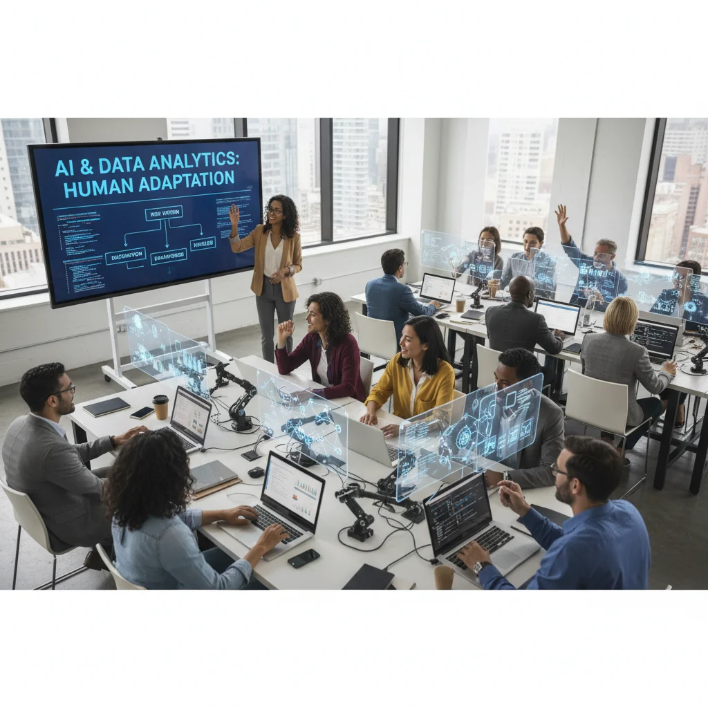 Professionals engaging in a reskilling workshop to adapt to automation and new technologies in the US job market.
