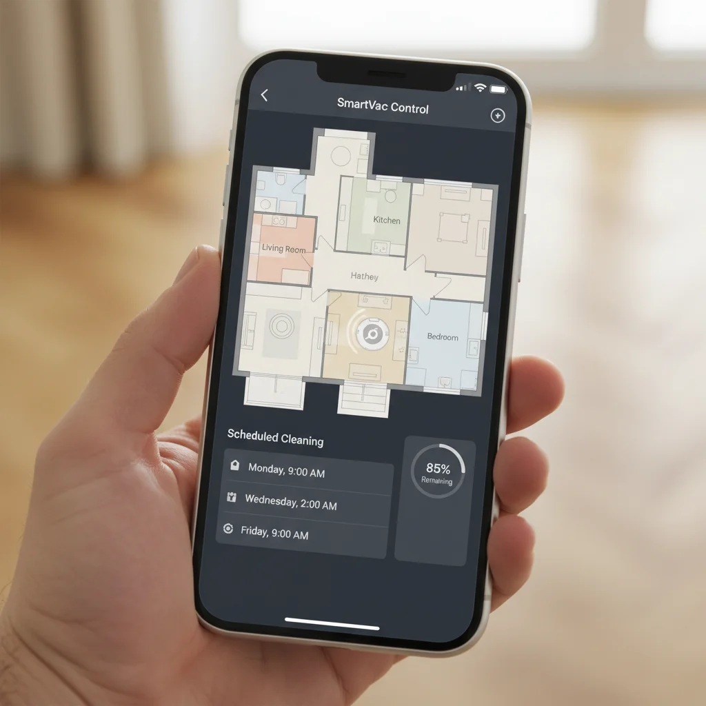Robot vacuum app on smartphone showing home map and settings