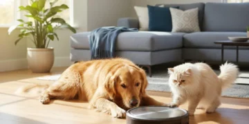 Robot vacuum cleaning a living room with pets watching