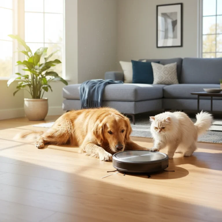 Robot vacuum cleaning a living room with pets watching
