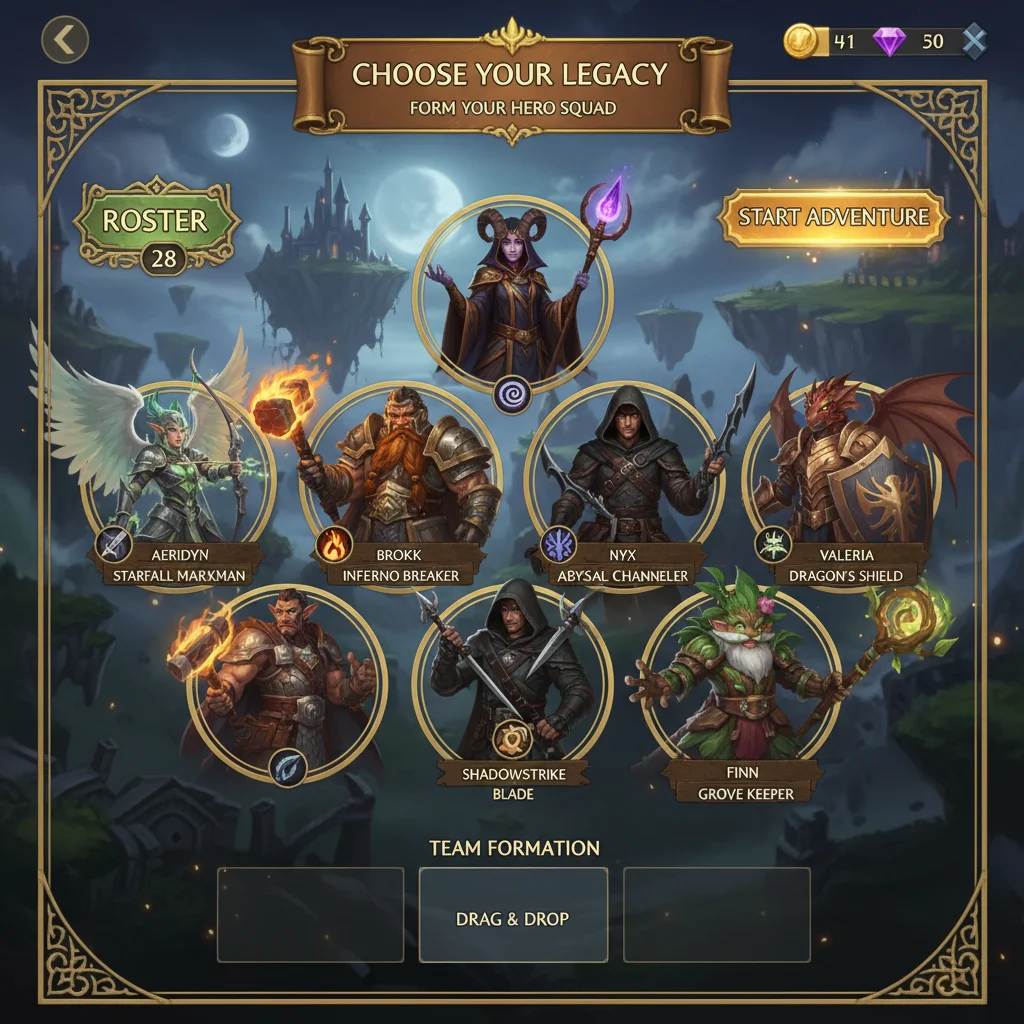 Fantasy RPG mobile game character selection screen with diverse heroes and detailed costumes.