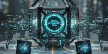 Secure digital vault protecting various devices and data streams for comprehensive digital life backup in 2026.