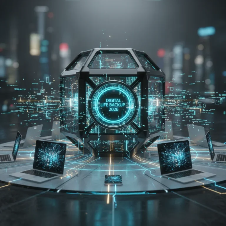 Secure digital vault protecting various devices and data streams for comprehensive digital life backup in 2026.