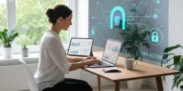 Professional working remotely with secure VPN connection