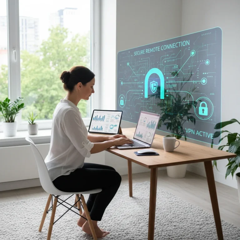 Professional working remotely with secure VPN connection
