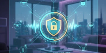 Secure smart home network with devices and shield icon