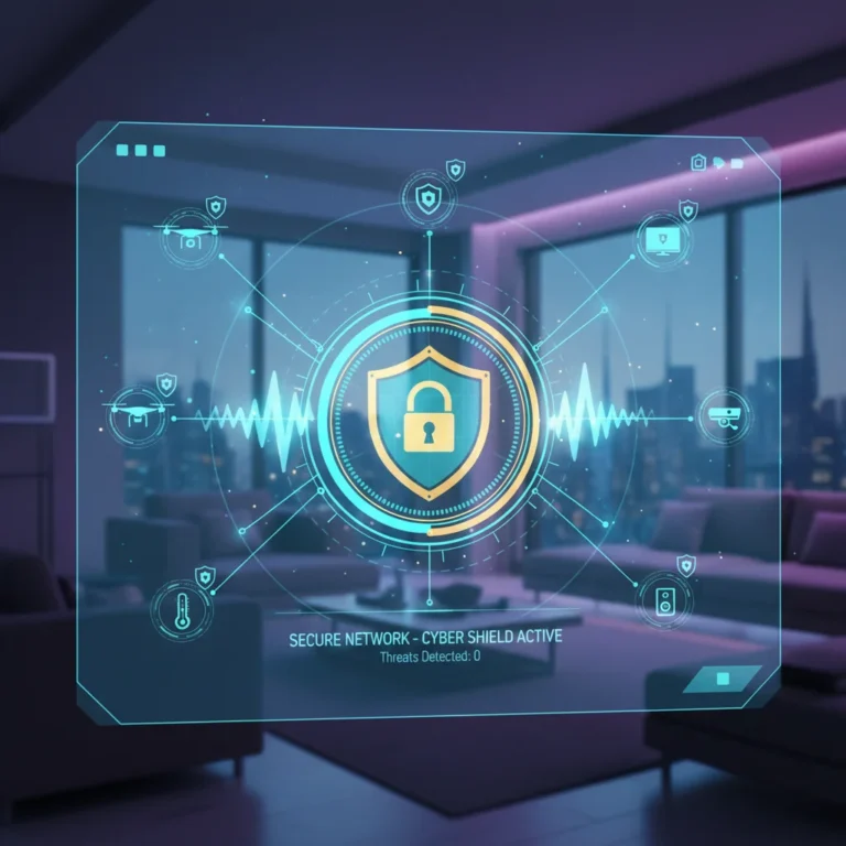Secure smart home network with devices and shield icon