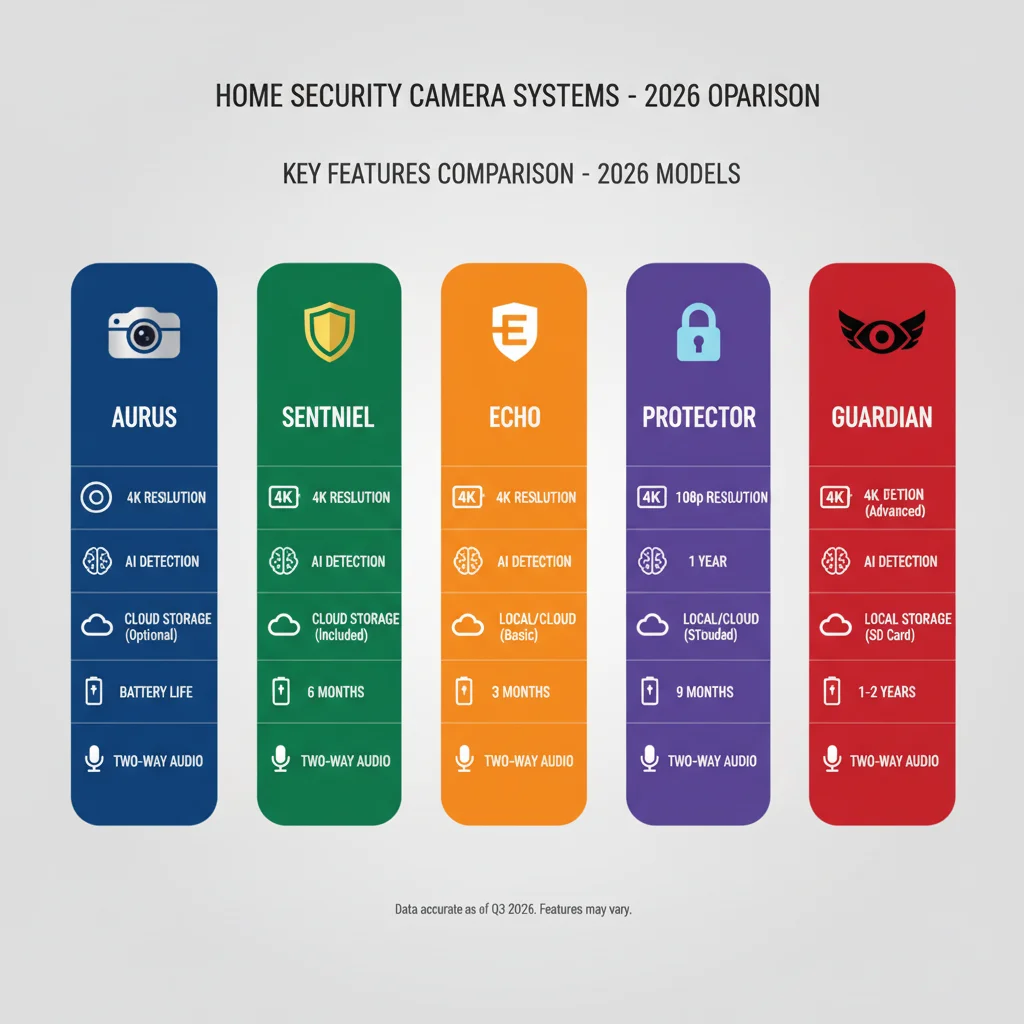 Infographic comparing features of five leading home security camera systems in 2026.