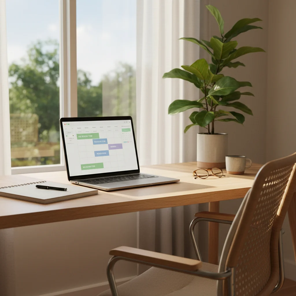 Peaceful home office with laptop, plant, and 'no-screen' schedule