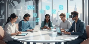 Diverse individuals learning new skills on digital devices with skill icons, representing modern skill development apps.