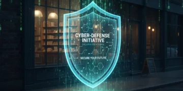 Digital shield protecting a small business, representing strong cybersecurity