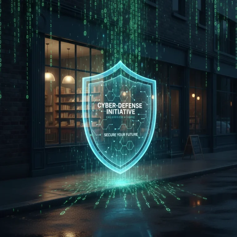 Digital shield protecting a small business, representing strong cybersecurity