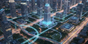 Futuristic American cityscape with integrated smart technology at night