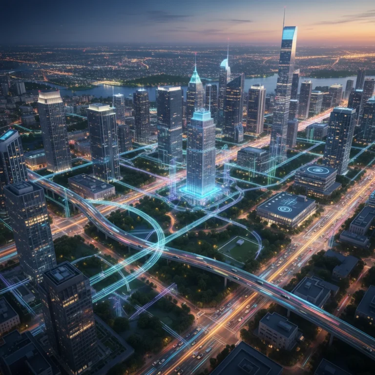 Futuristic American cityscape with integrated smart technology at night