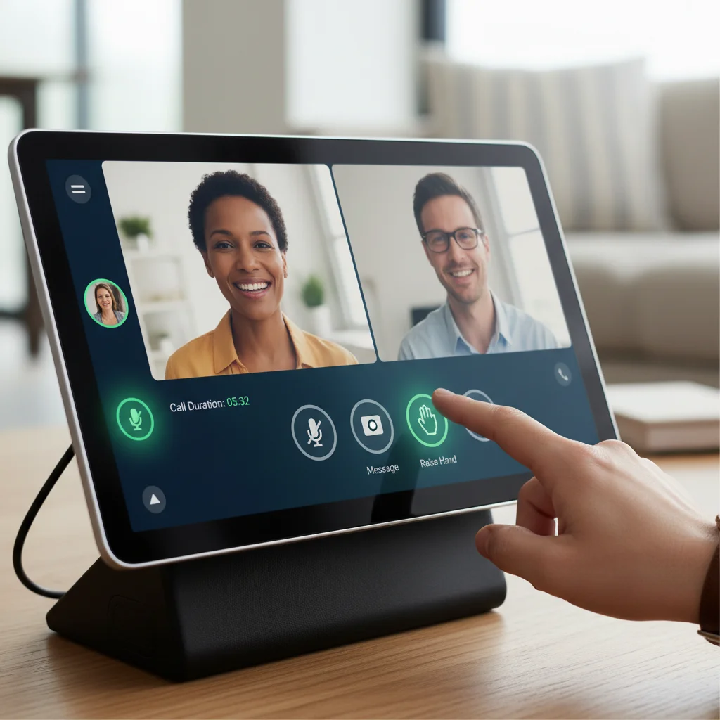Smart display showing a video call interface in a kitchen setting