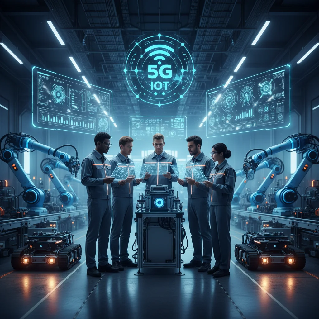 Professionals collaborating in a smart factory, demonstrating the impact of 5G and IoT on industrial automation and efficiency.