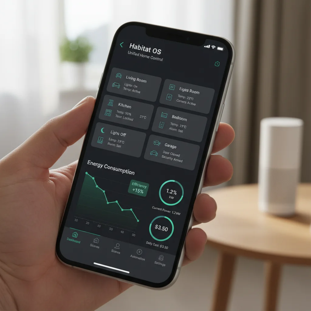 Detailed smart home app interface on smartphone displaying device status and energy graphs