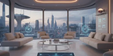 Smart home hub controlling multiple devices in a modern living room