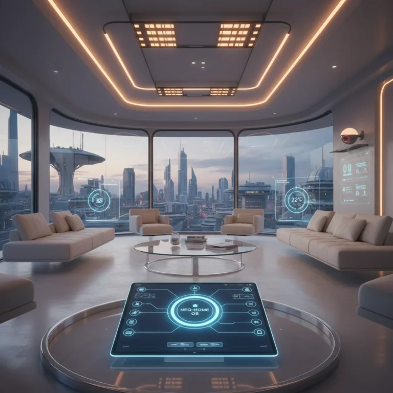 Smart home hub controlling multiple devices in a modern living room