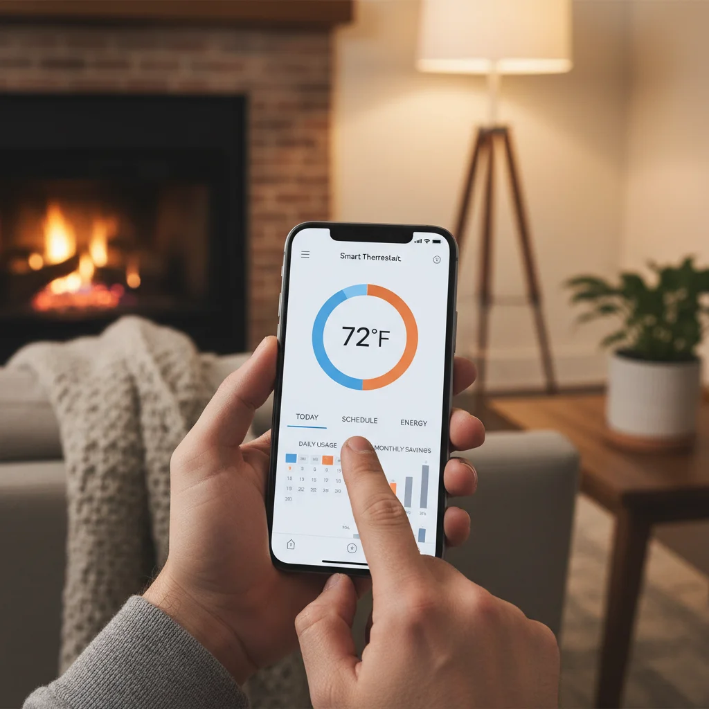 User adjusting smart thermostat settings via a mobile application on a smartphone.