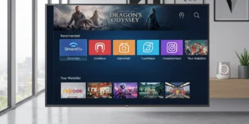 Smart TV displaying streaming apps in a modern living room setup, ready for configuration