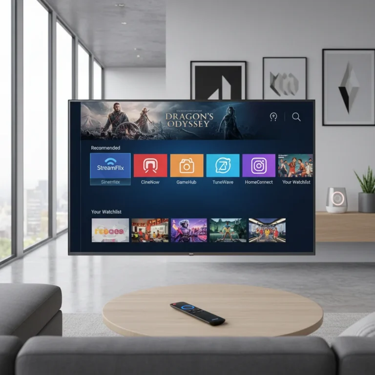 Smart TV displaying streaming apps in a modern living room setup, ready for configuration
