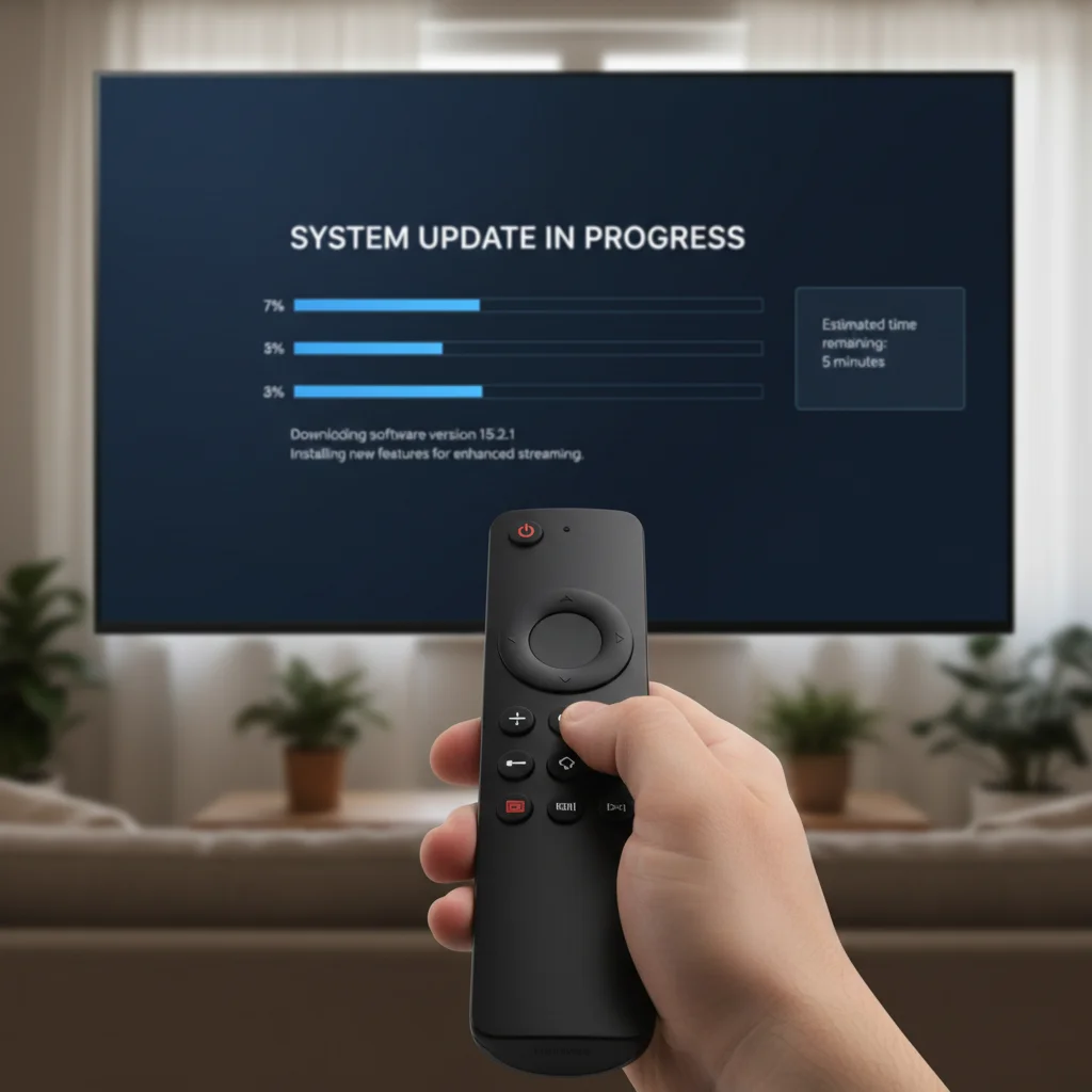 Smart TV showing a software update in progress, navigated by a remote control