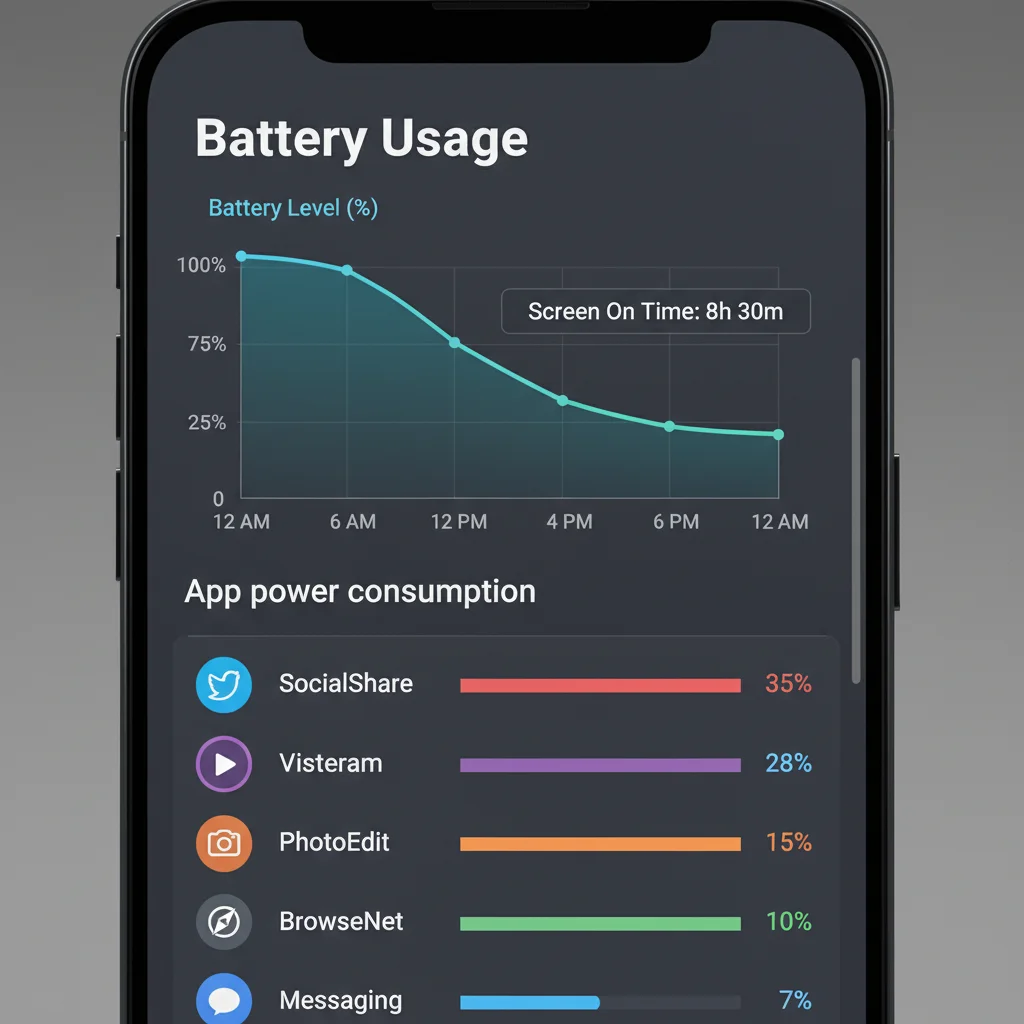 Smartphone screen displaying detailed battery usage statistics and app power consumption insights.