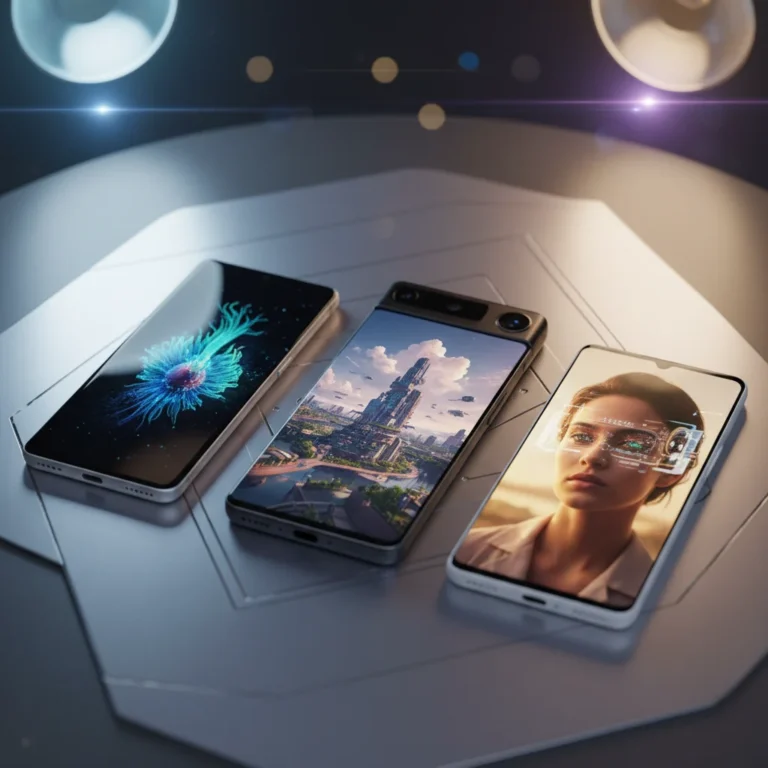 Three flagship smartphones showcasing their impressive camera capabilities, highlighting the 2026 camera battle.