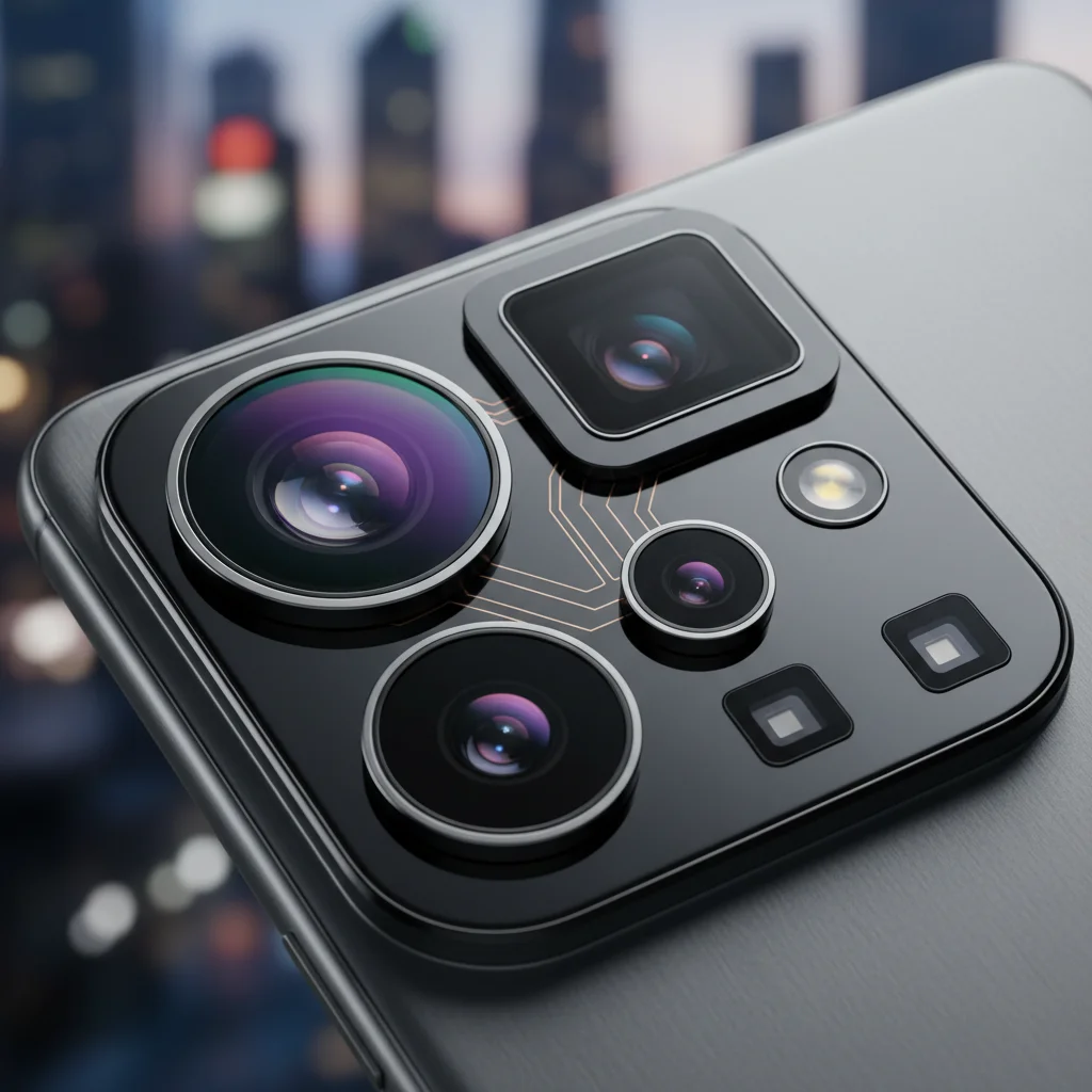 Detailed view of a modern smartphone camera module with multiple lenses and advanced sensors.