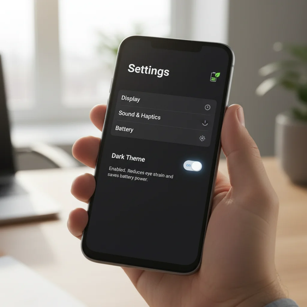 Hand holding a smartphone with dark mode enabled in the settings menu, showcasing power savings.