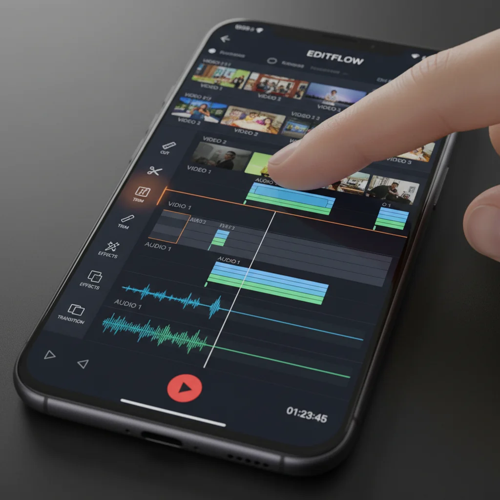 Detailed smartphone video editing app interface with timeline and tools