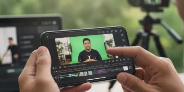 Hands editing video on smartphone, creative content creation