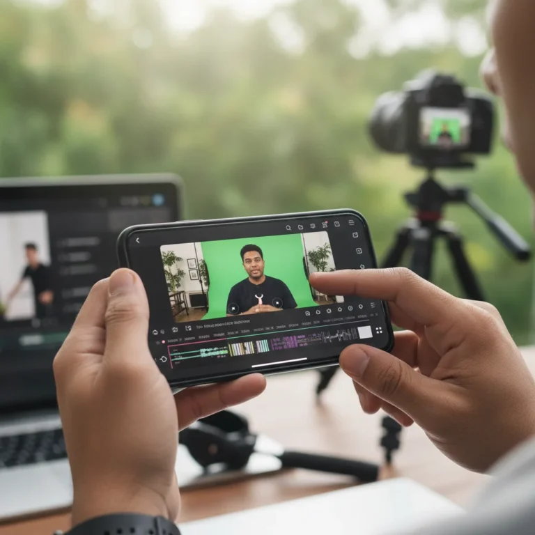 Hands editing video on smartphone, creative content creation