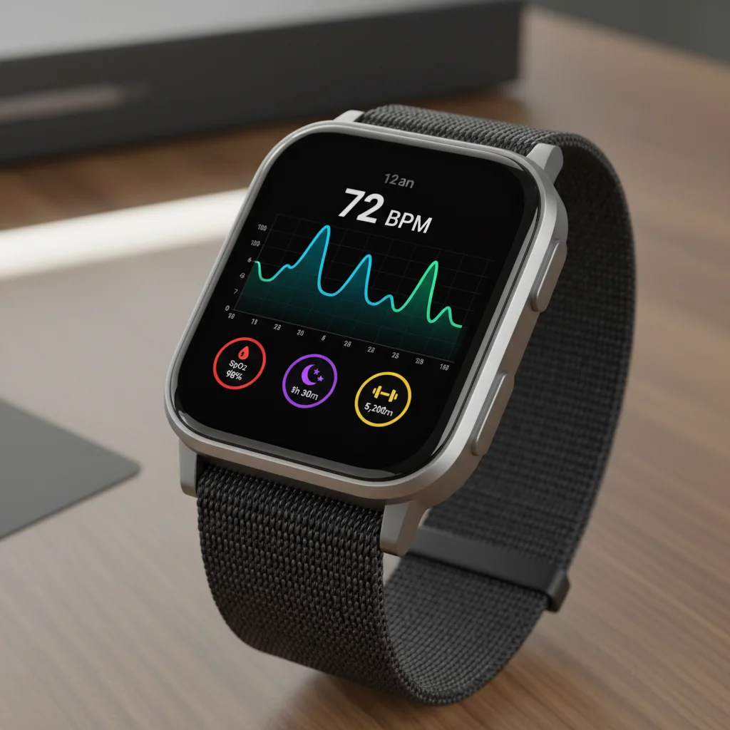 Smartwatch screen displaying detailed heart rate and health monitoring data.