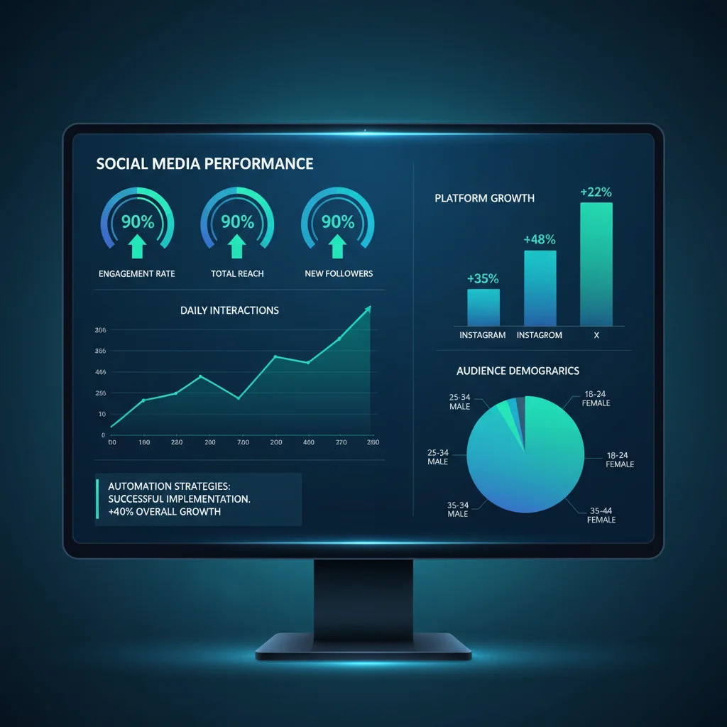 Social media analytics dashboard displaying positive growth in engagement, reach, and followers.