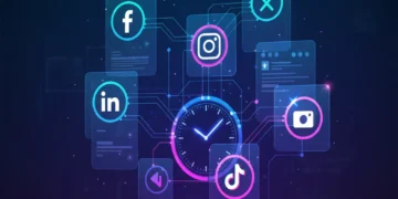 Futuristic interface showcasing interconnected social media icons, symbolizing efficient automation and time-saving.