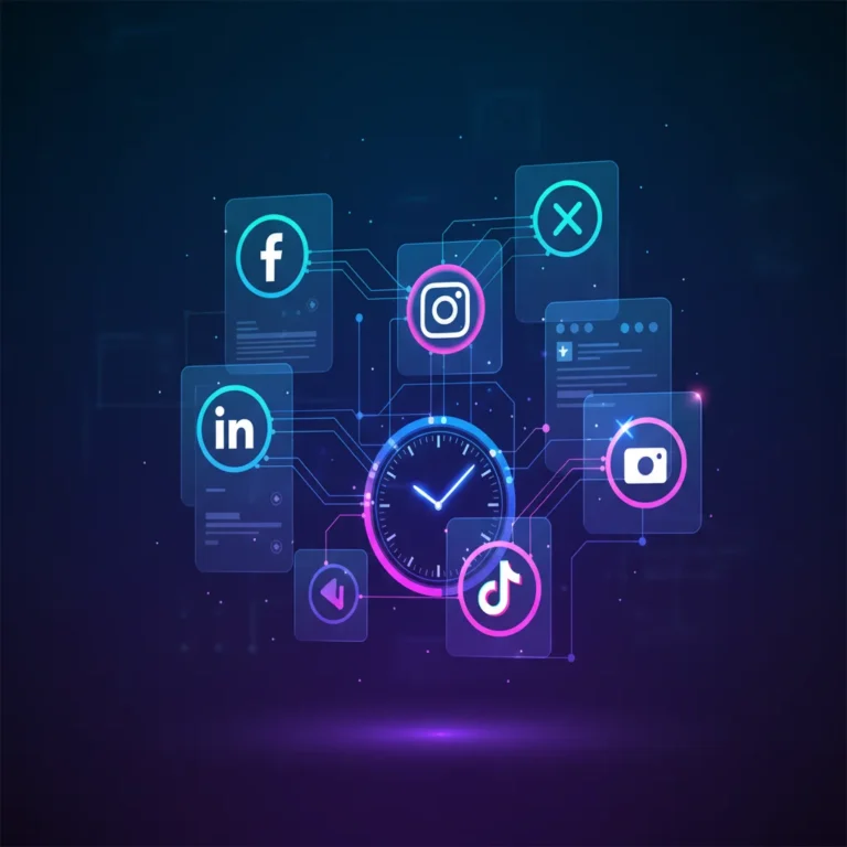 Futuristic interface showcasing interconnected social media icons, symbolizing efficient automation and time-saving.