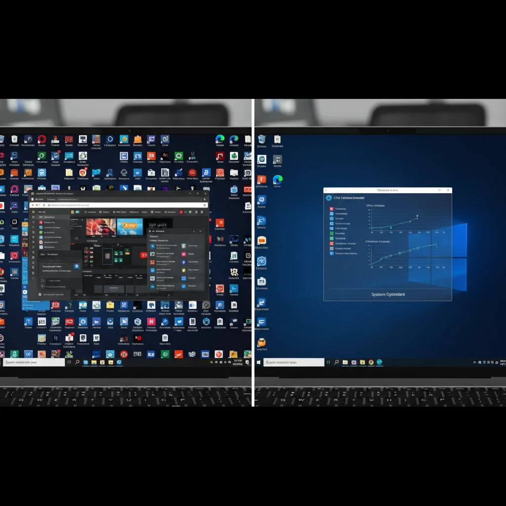 Comparison of a cluttered laptop desktop versus an organized one, demonstrating software optimization for enhanced laptop performance.