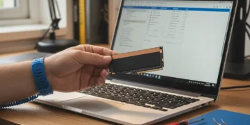 Hand holding SSD over open laptop with tools