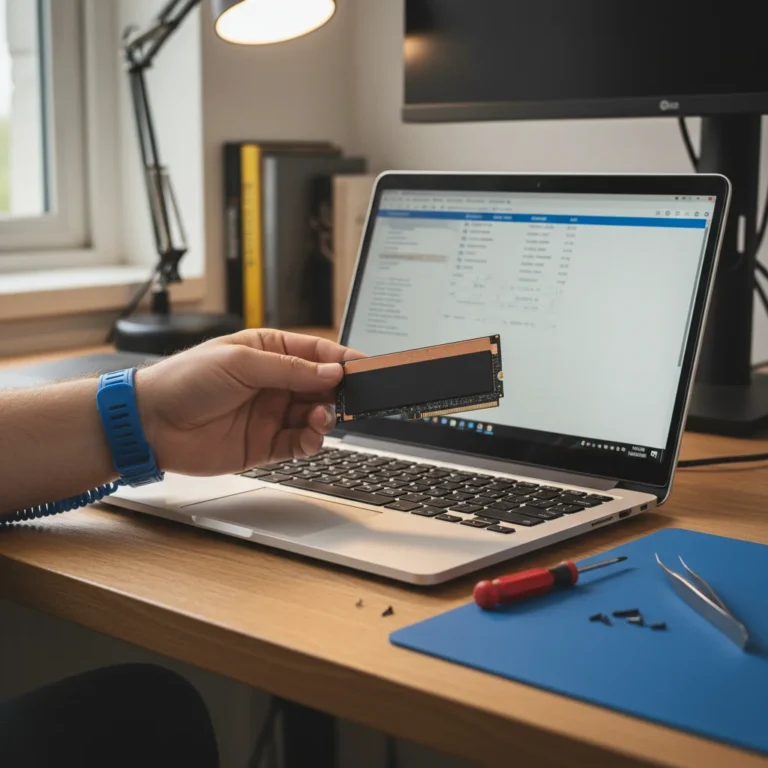 Hand holding SSD over open laptop with tools