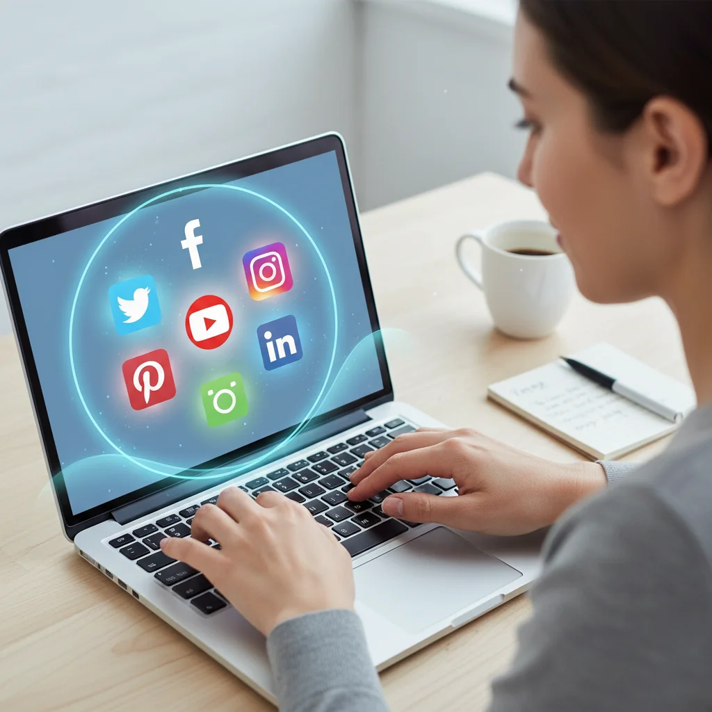 Person efficiently managing multiple social media platforms on a laptop, demonstrating streamlined workflow.