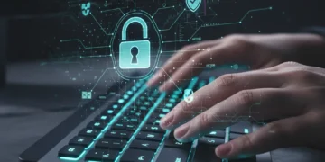 Hand typing on keyboard with digital security overlays, signifying strong unique passwords for 2026.