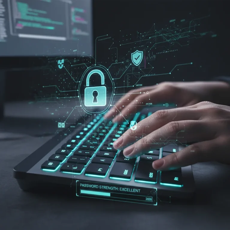 Hand typing on keyboard with digital security overlays, signifying strong unique passwords for 2026.