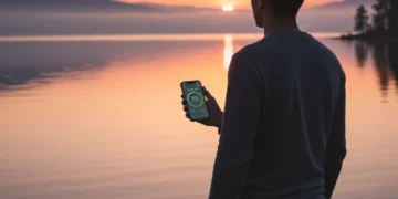 Person enjoying sunrise with phone showing digital wellness app